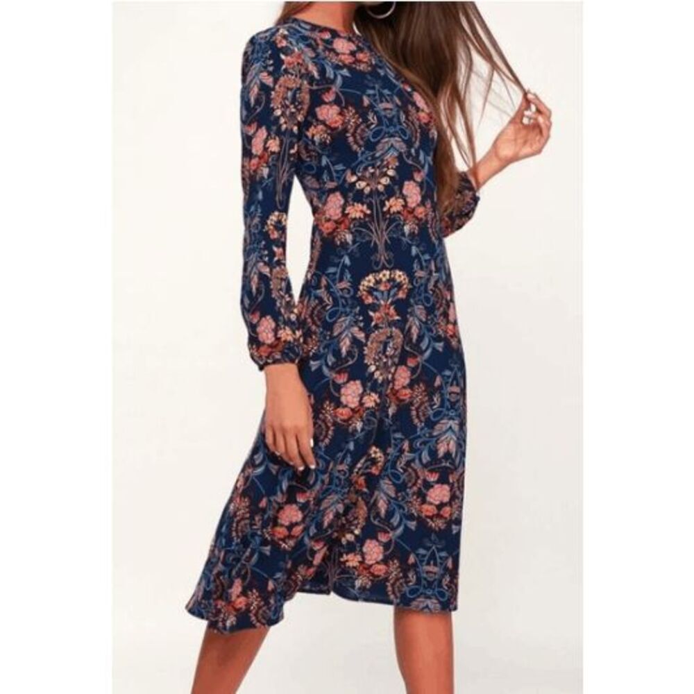 I.Madeline Garden Splendor Navy Blue Floral Print Dress Size Large L